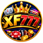 XF777 Game logo with golden crown, casino chips, playing cards, and 777 symbols